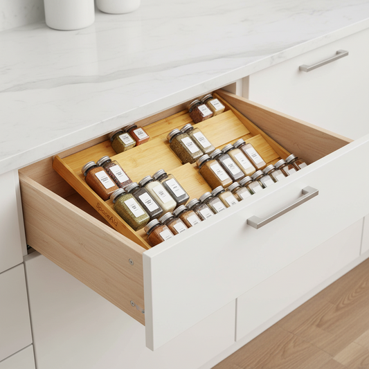 Bamboo 4 Tier Drawer Spice Organizer – Expandable 4-Layer Spice Drawer Insert for Kitchen Storage