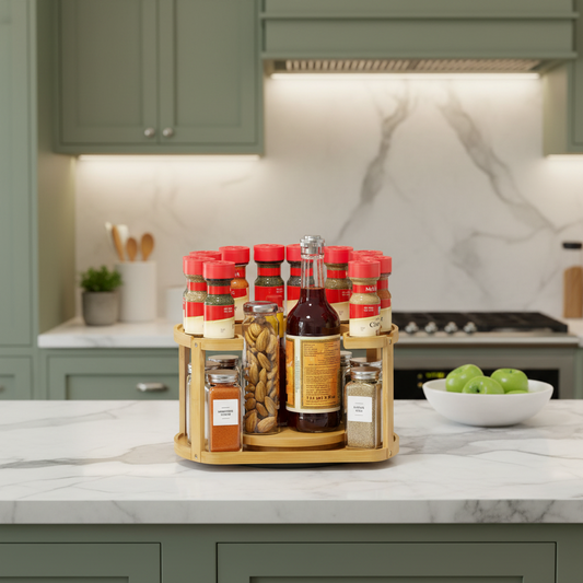 2 Tier Lazy Susan Spice Rack Organizer – Bamboo Rotating Storage for Cabinets & Pantries