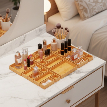 21-Piece Bamboo Drawer Organizer Set – Customizable Multi-Use Storage Bins for Every Room