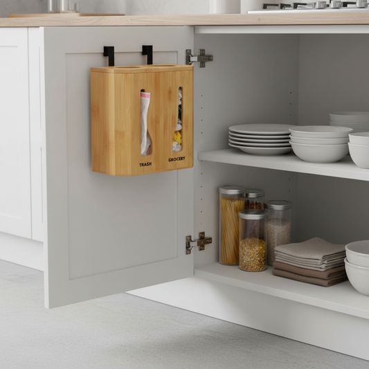 Bamboo Trash Bag Dispenser – 2-in-1 Wall & Cabinet Mount Plastic Bag Storage Holder