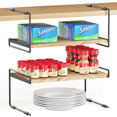 SpaceAid Open Kitchen Cabinet Shelf Organizers 2 Pack in Black and Natural, 16