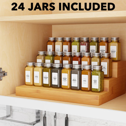 empty glass spice bottles with labels