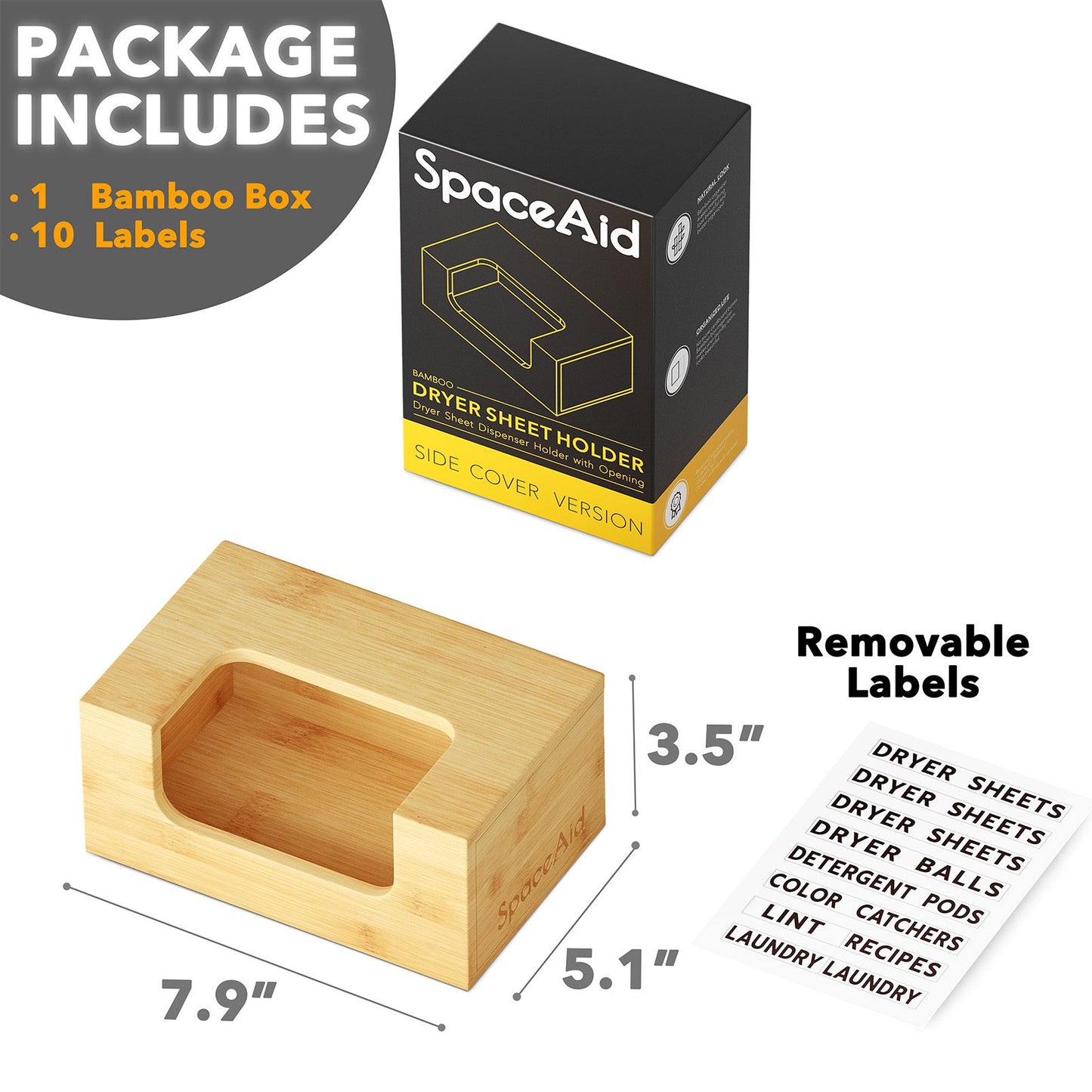 SpaceAid Bamboo Dryer Sheet Holder with Opening and Labels for Laundry Softener Organization and Storage