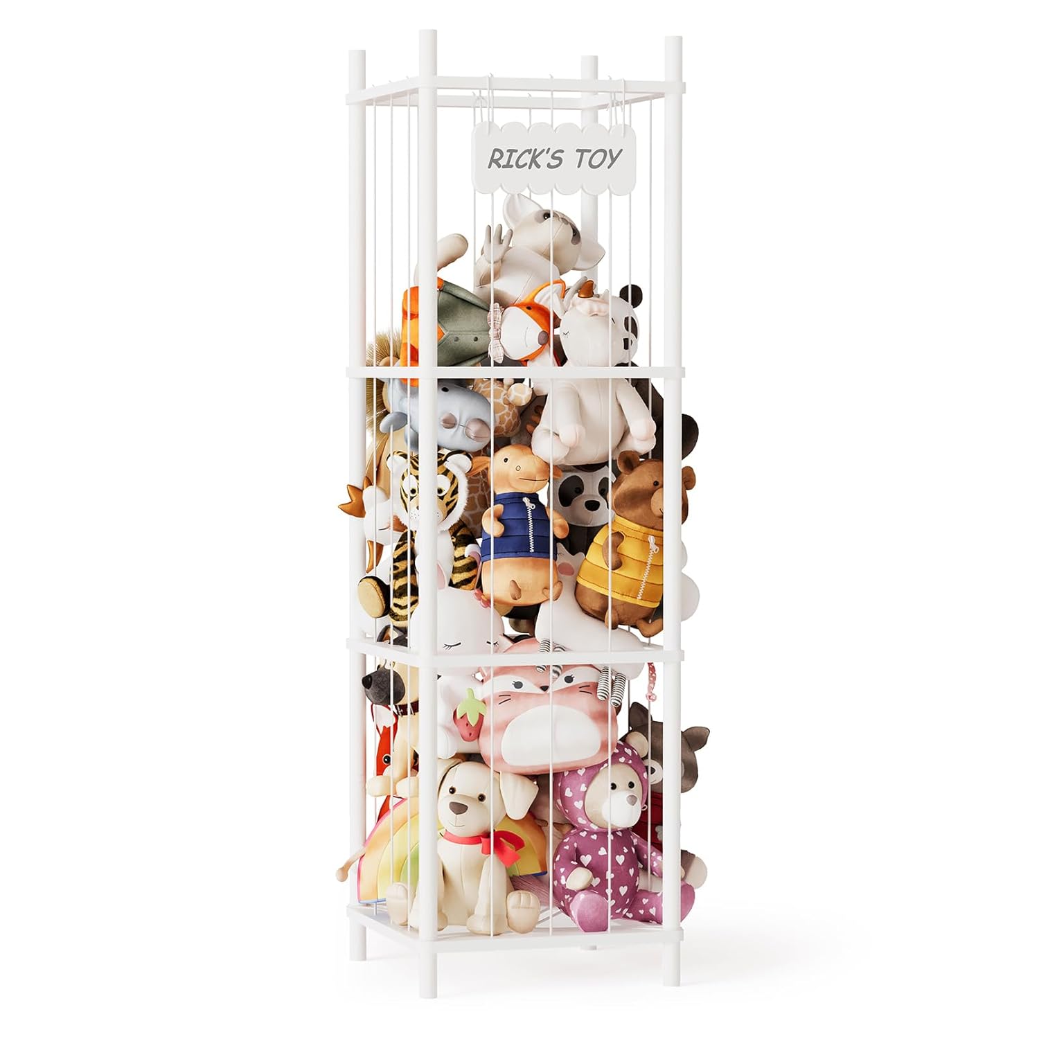  White toy organizer with various stuffed animals on a white background