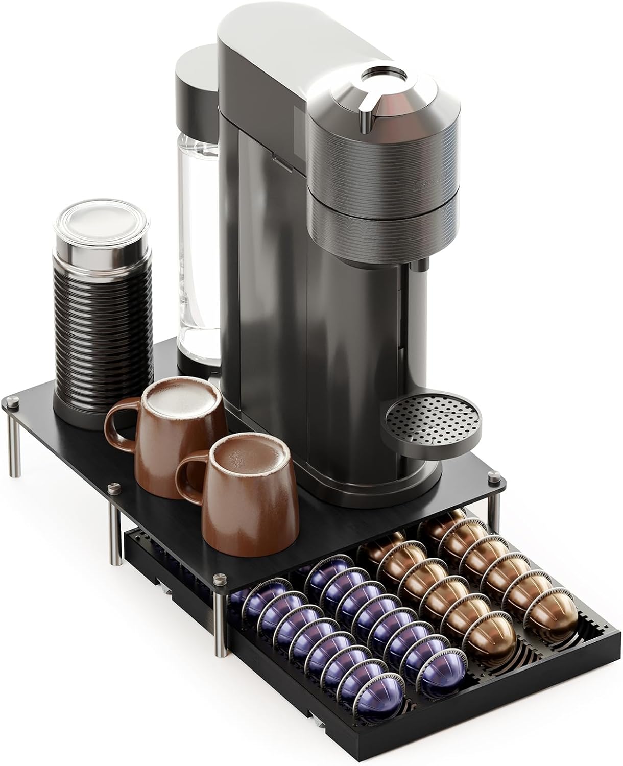 SpaceAid Coffee Pod Holder Drawer for Nespresso Vertuo, Bamboo & Metal Under-Coffee-Machine Organizer, Fits 40 Large or 56 Small Pods