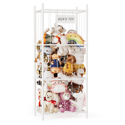 White toy organizer filled with various stuffed animals on a white background