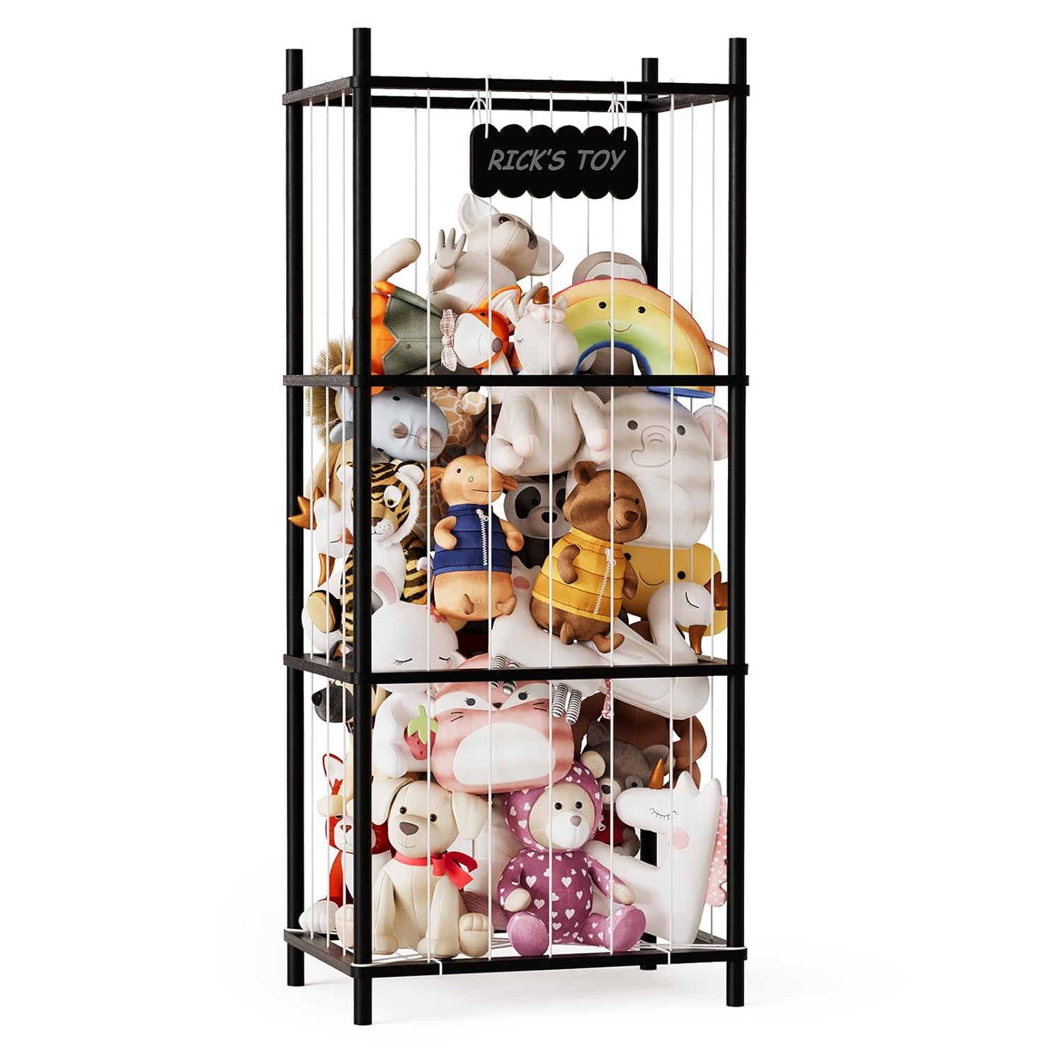 Toy display cabinet with various stuffed animals inside, labeled 'Rick's Toy'.