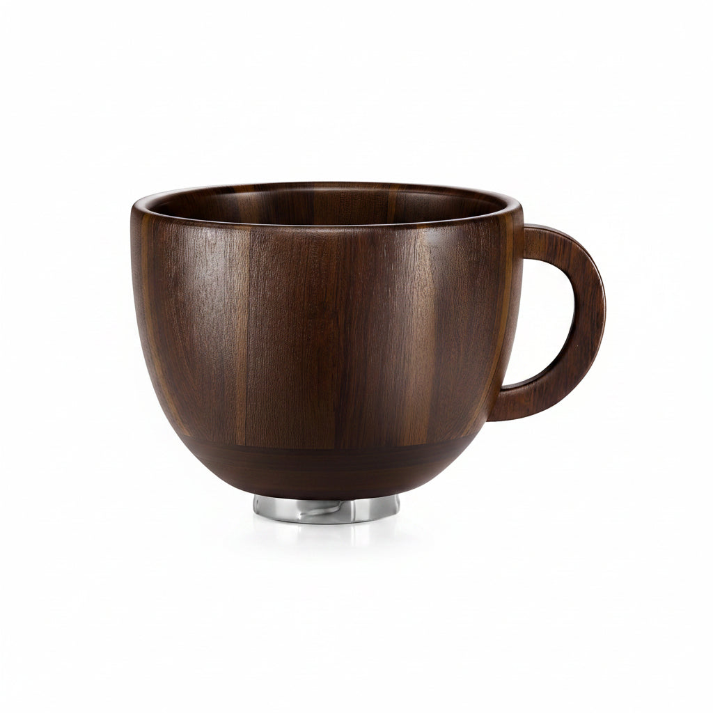 Wooden mug with a metal base on a white background