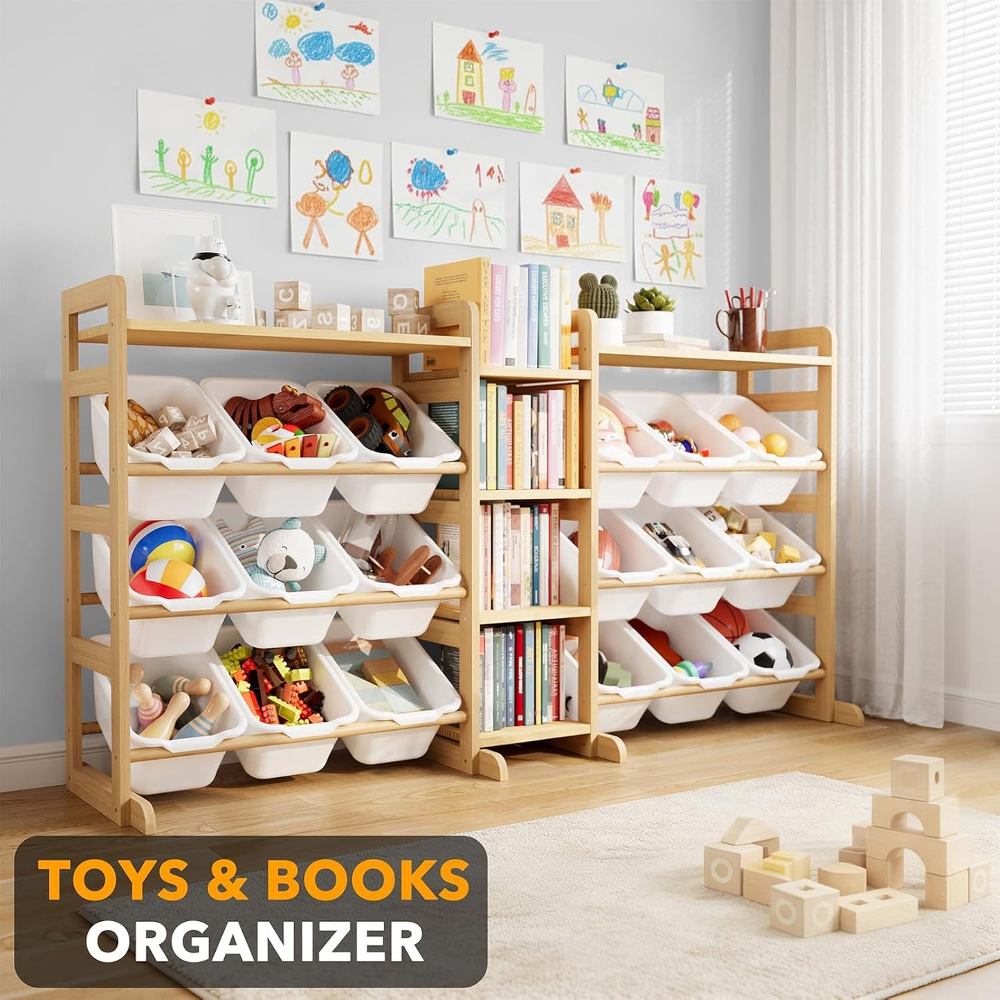 SpaceAid Large Toy Storage Organizer with 6 Shelves and 18 Bins, Book Shelf Organizers Storage Bookshelf, Kids Bin Shelf Box Bookcase for Bedroom Playroom Organization Room Decor, White
