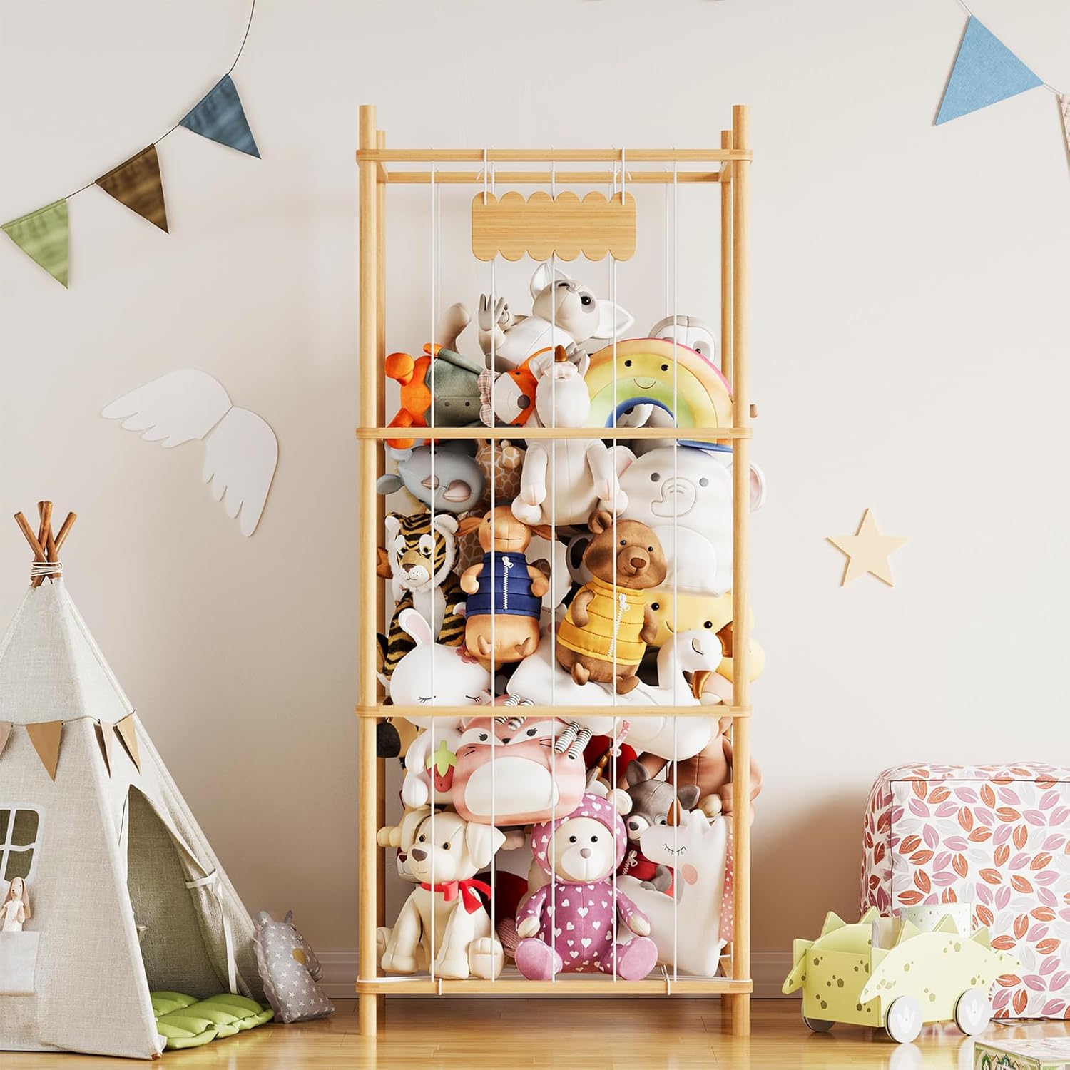 Toy organizer with stuffed animals in a child's room