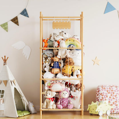 Toy organizer with stuffed animals in a child's room