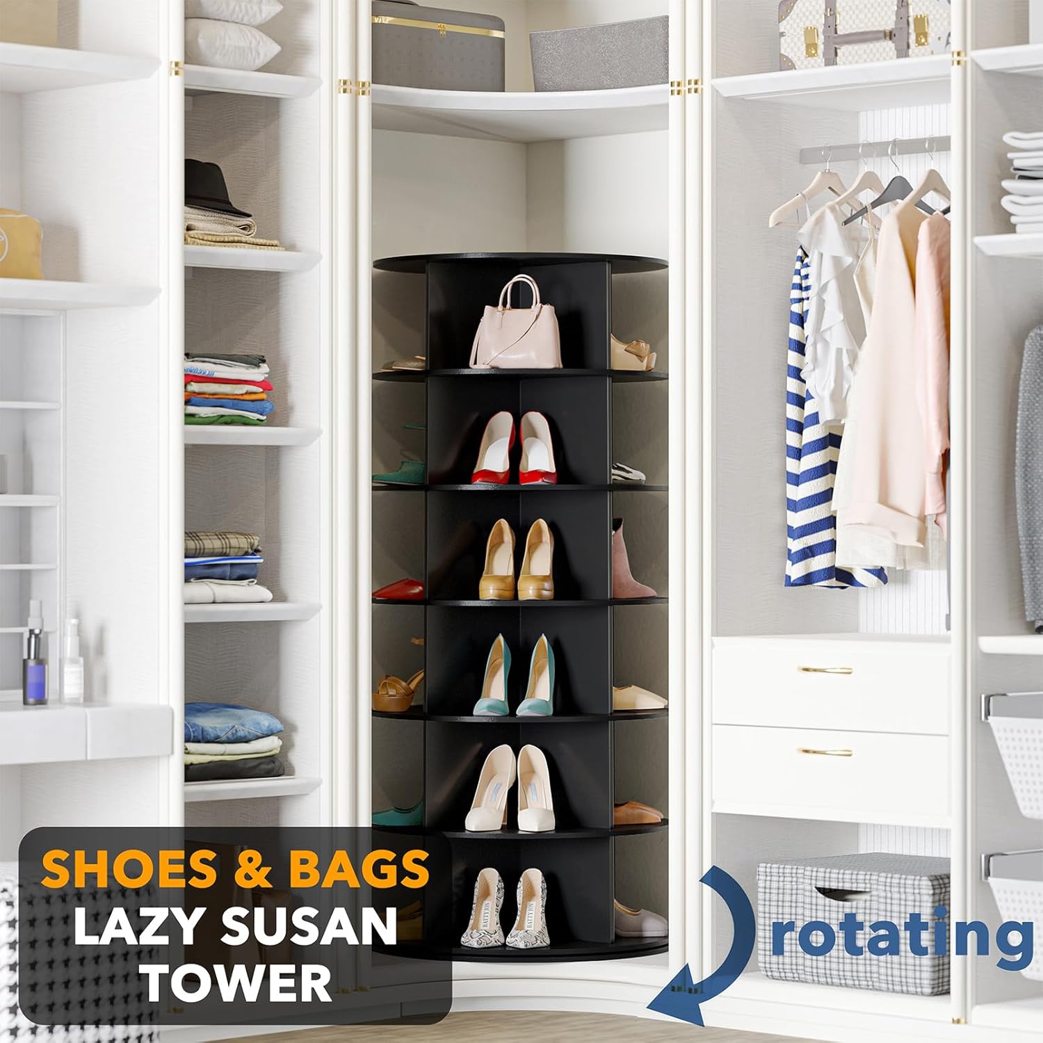 Black 6-Tier Revolving Shoe Rack for Closet