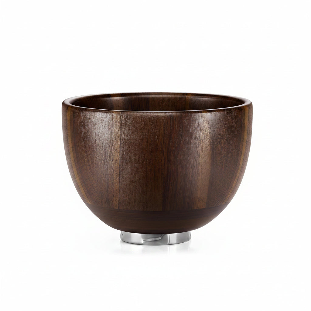 Wooden bowl with a metallic base on a white background