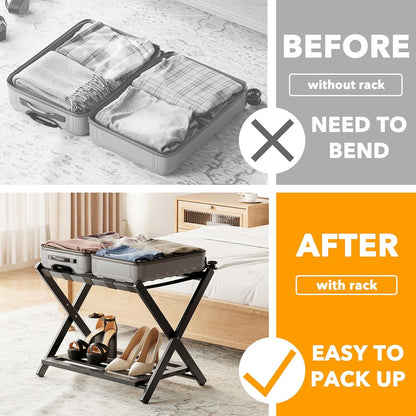 Fully Assembled Bamboo Foldable Luggage Rack with Storage Shelf, Black
