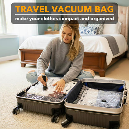 Woman using a travel vacuum bag to compress clothes in a suitcase.