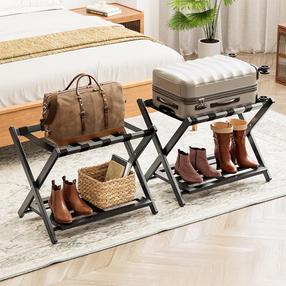 Fully Assembled Bamboo Foldable Luggage Rack with Storage Shelf, Black 2Pc
