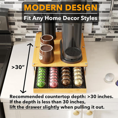 SpaceAid Coffee Pod Holder Drawer for Nespresso Vertuo, Bamboo & Metal Under-Coffee-Machine Organizer, Fits 40 Large or 56 Small Pods
