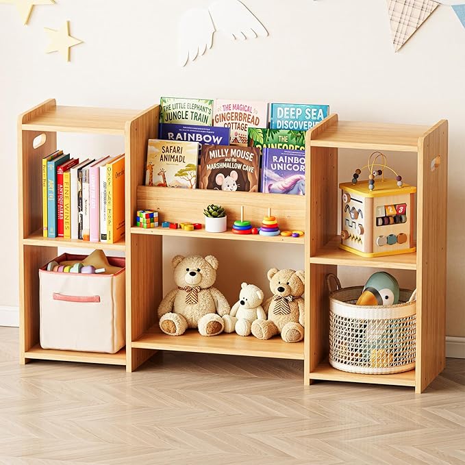 SpaceAid 6-in-1 Bookshelf Storage Organizer, Montessori Bookcase for Toddlers, Wooden Book Rack Shelf Cabinet Furniture for Kids Rooms, Playroom, Nursery and Classroom, 45.6“ Wide