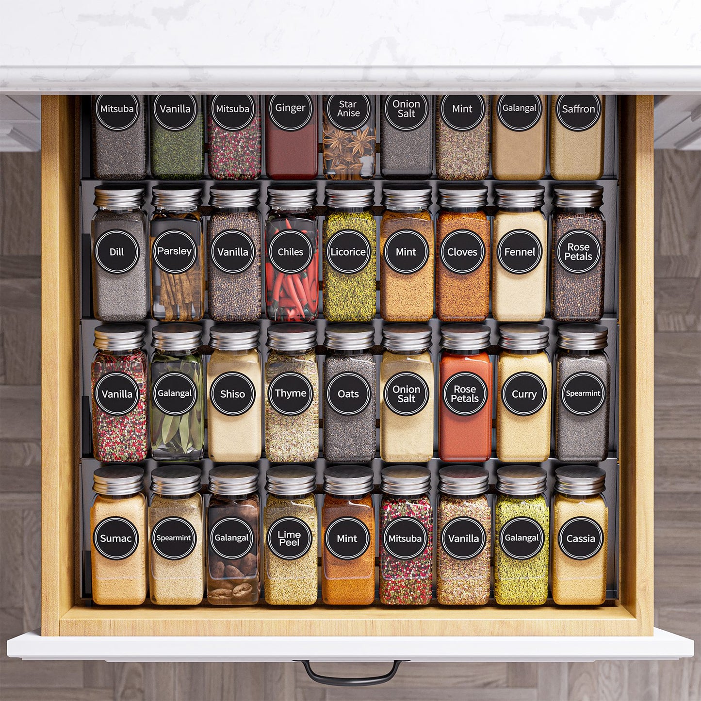 SpaceAid glass spice jars with labels